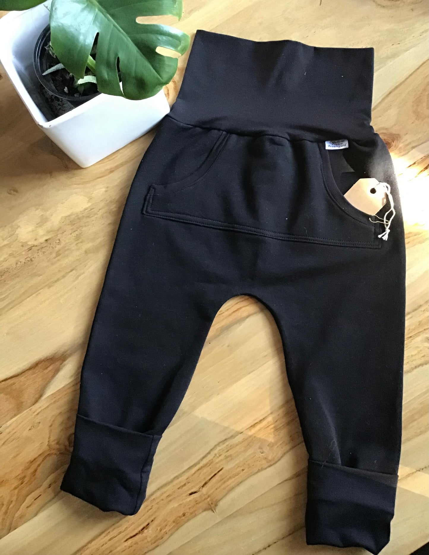 Black harem pants with kangaroo pocket ready to go