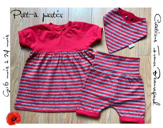 Robe ,short et bandana avec des rayures  prêt à partir gr:6 mois à 24 mois